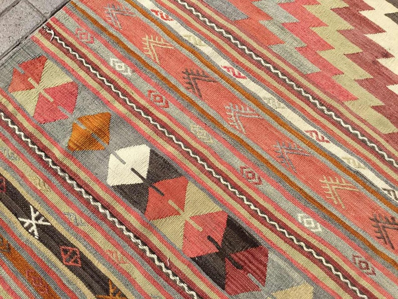 Vintage turkkilainen Kilim matto 295cm x 201cm käsin kehrätty villa