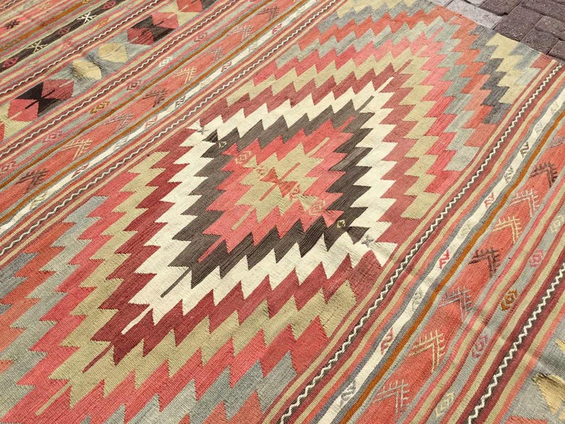 Vintage turkkilainen Kilim matto 295cm x 201cm käsin kehrätty villa