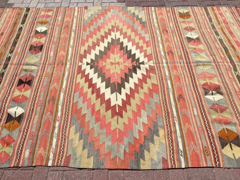 Vintage turkkilainen Kilim matto 295cm x 201cm käsin kehrätty villa