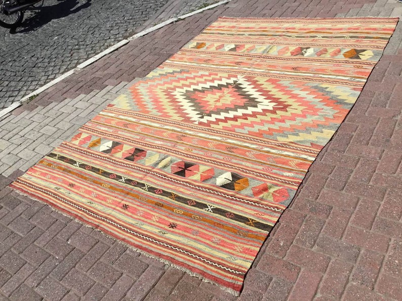 Vintage turkkilainen Kilim matto 295cm x 201cm käsin kehrätty villa