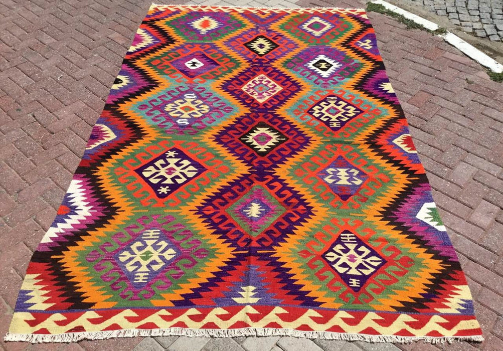 Vintage turkkilainen Kilim matto 303cm x 190cm käsinkudottua villaa