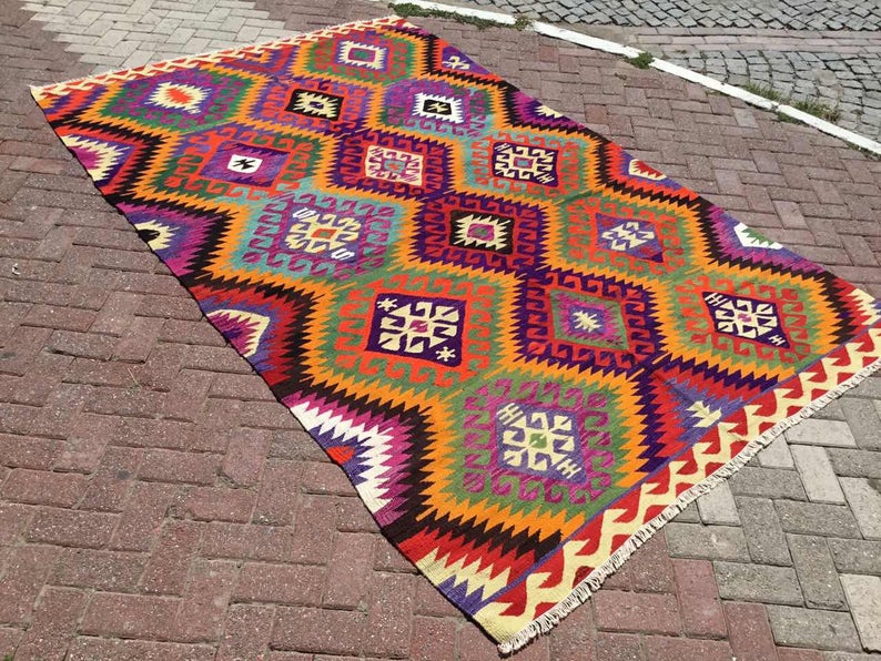 Vintage turkkilainen Kilim matto 303cm x 190cm käsinkudottua villaa