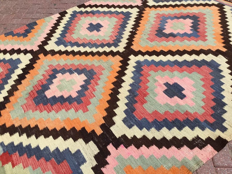 Vintage turkkilainen Kilim matto 312cm x 198cm käsin kehrätty villa