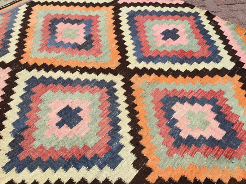 Vintage turkkilainen Kilim matto 312cm x 198cm käsin kehrätty villa