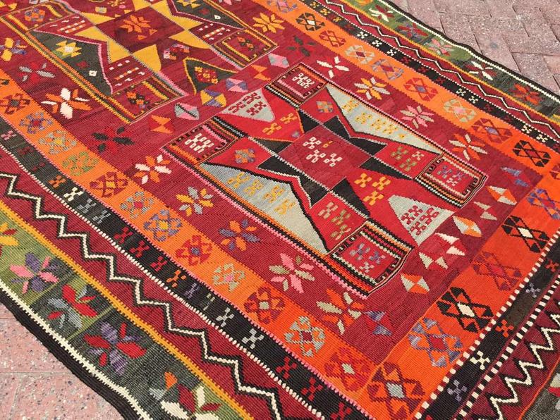 Vintage Turkish Kilim -matto 323cm x 151cm Käsintehty villa