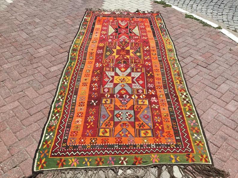 Vintage Turkish Kilim -matto 323cm x 151cm Käsintehty villa