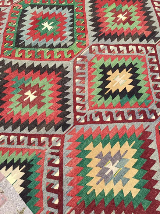 Vintage Turkish Kilim -matto 342cm x 184cm käsin kehrätty villa