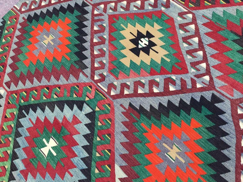 Vintage Turkish Kilim -matto 342cm x 184cm käsin kehrätty villa