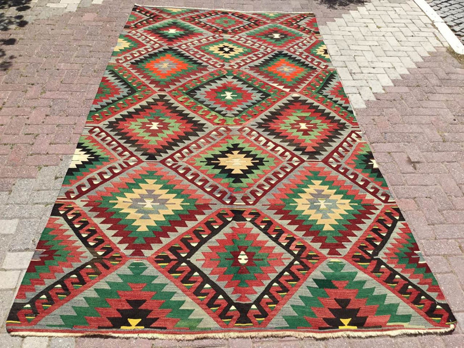 Vintage Turkish Kilim -matto 342cm x 184cm käsin kehrätty villa