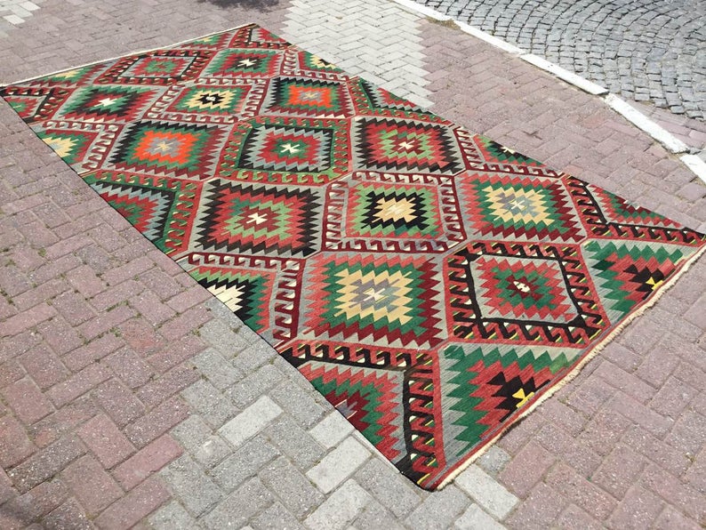 Vintage Turkish Kilim -matto 342cm x 184cm käsin kehrätty villa