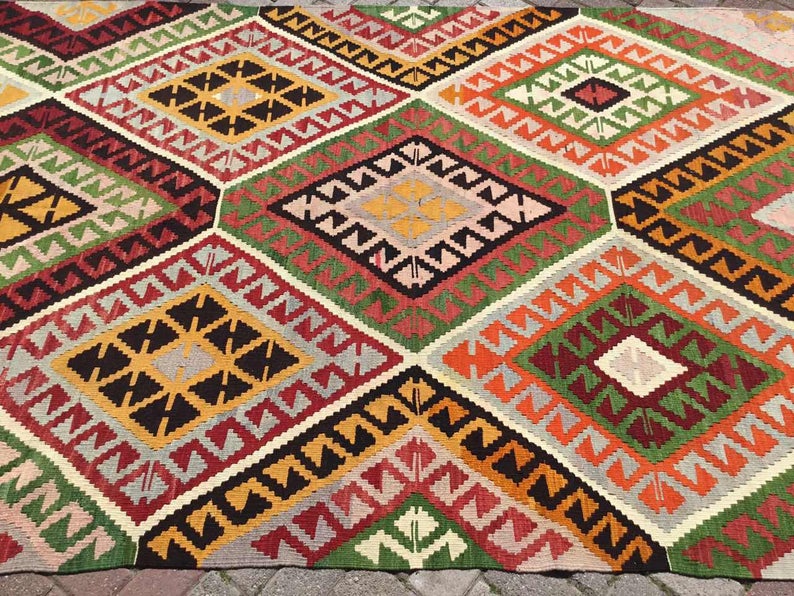 Vintage turkkilainen Kilim matto 345cm x 171cm käsin kehrätty villa