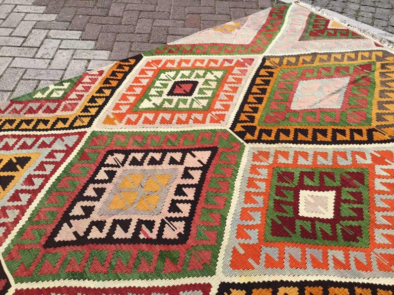 Vintage turkkilainen Kilim matto 345cm x 171cm käsin kehrätty villa