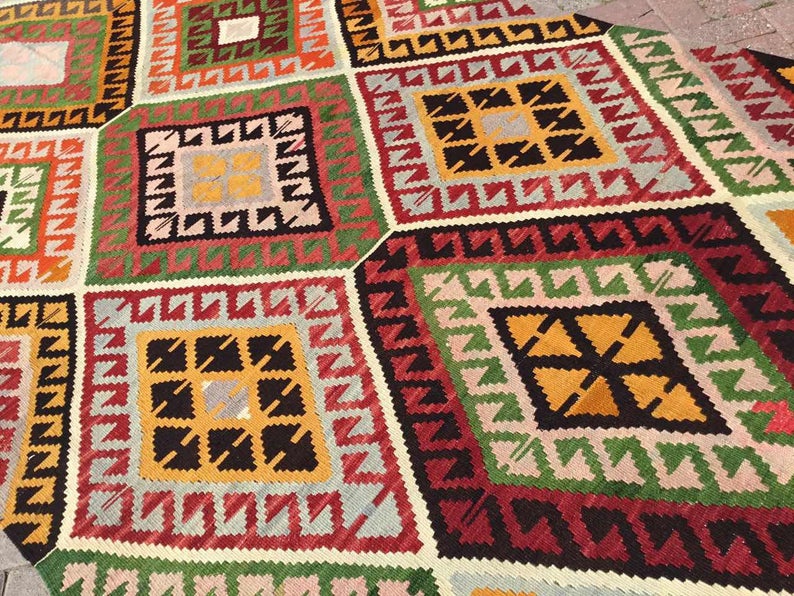 Vintage turkkilainen Kilim matto 345cm x 171cm käsin kehrätty villa