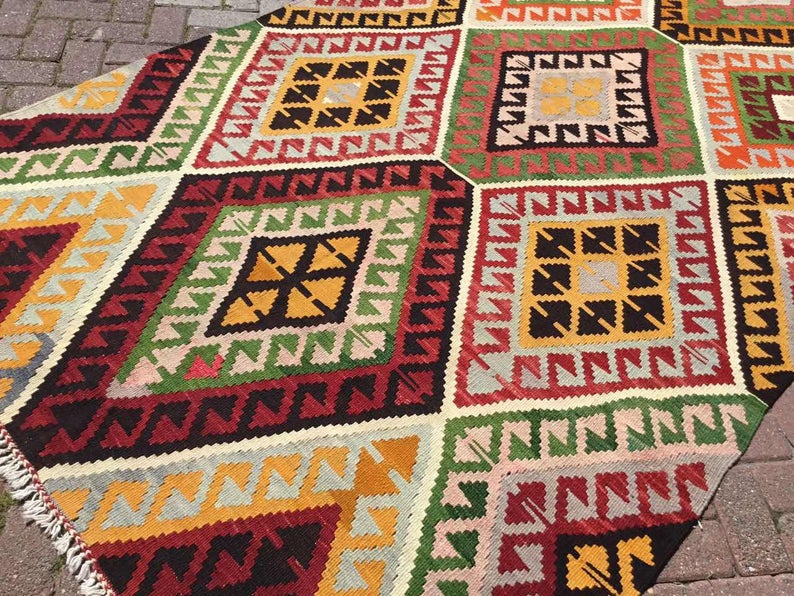 Vintage turkkilainen Kilim matto 345cm x 171cm käsin kehrätty villa