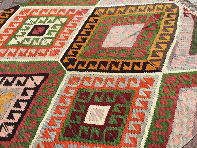 Vintage turkkilainen Kilim matto 345cm x 171cm käsin kehrätty villa