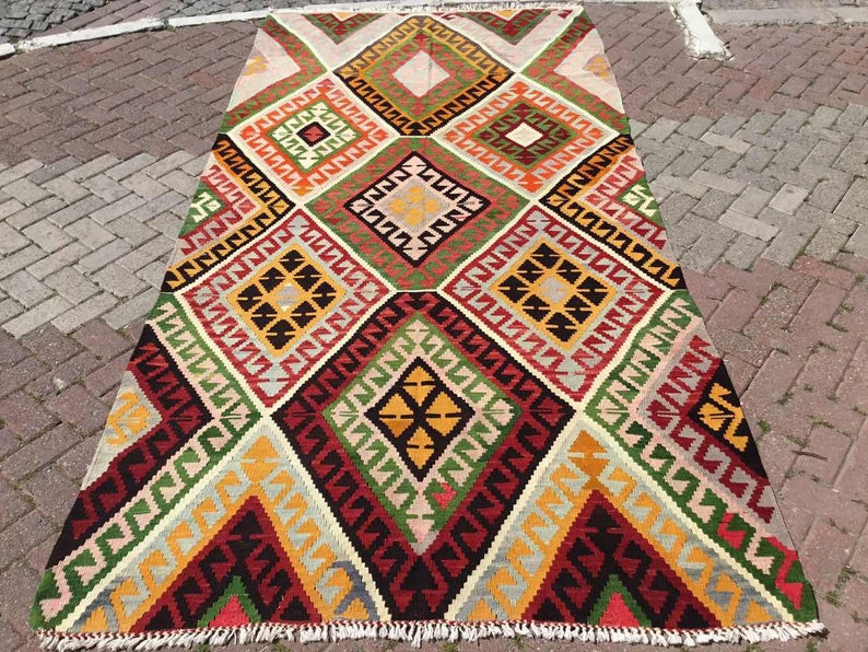 Vintage turkkilainen Kilim matto 345cm x 171cm käsin kehrätty villa