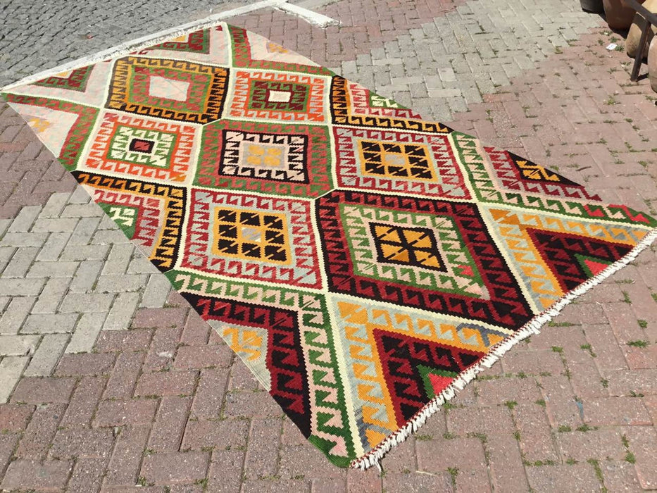 Vintage turkkilainen Kilim matto 345cm x 171cm käsin kehrätty villa