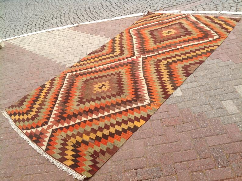 Vintage Turkse Kelim-tapijt 345 cm x 178 cm handgeweven