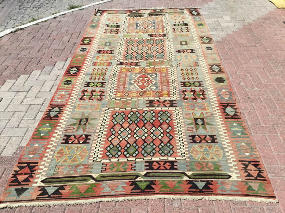 Vintage Turkse Kelim-tapijt 356cm x 174cm wol-katoen