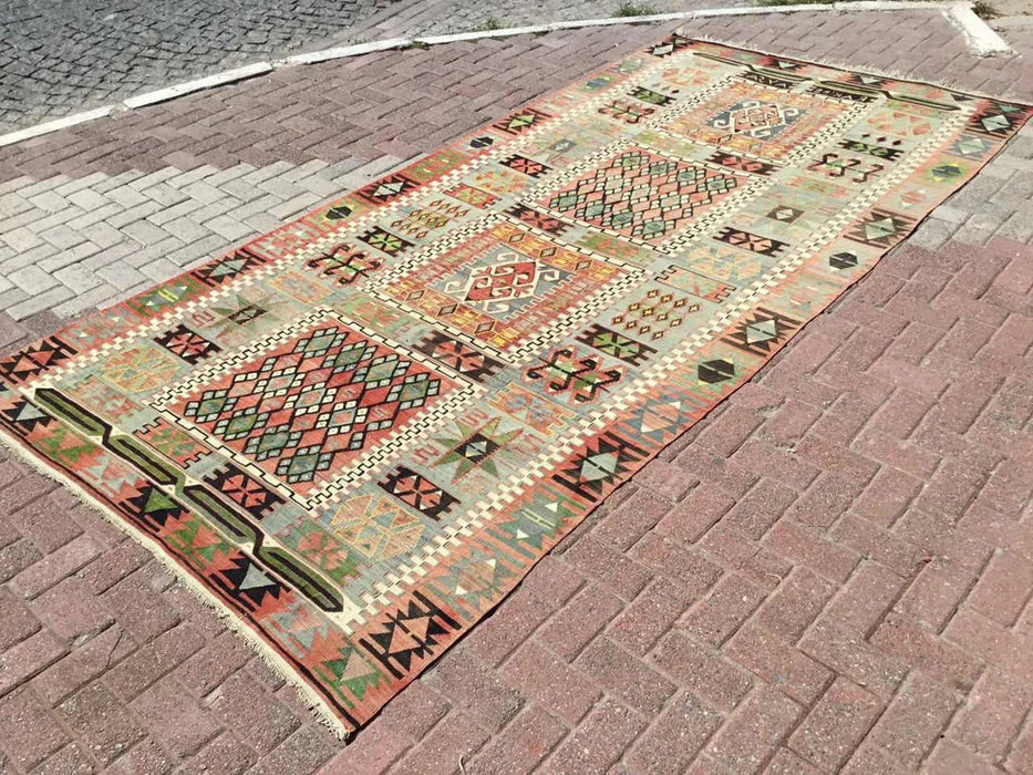 Vintage Turkse Kelim-tapijt 356cm x 174cm wol-katoen