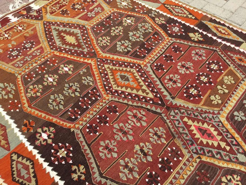 Vintage Turkish Kilim -matto 358cm x 163cm käsin kehrätty villa