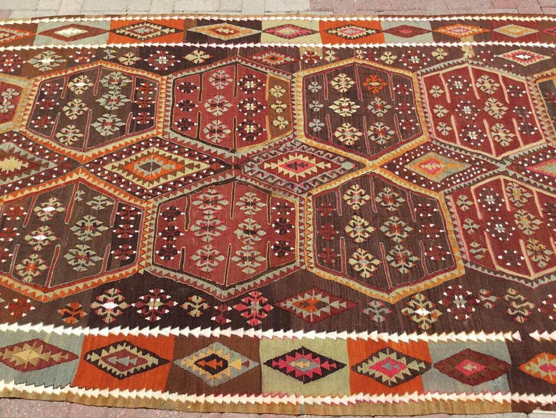 Vintage Turkish Kilim -matto 358cm x 163cm käsin kehrätty villa