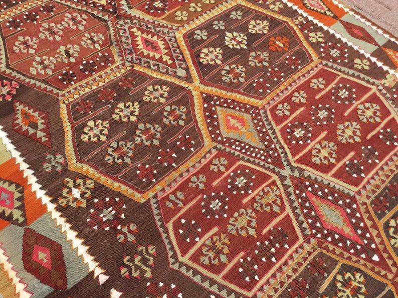 Vintage Turkish Kilim -matto 358cm x 163cm käsin kehrätty villa