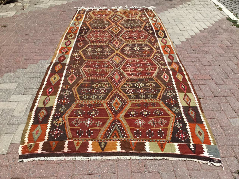 Vintage Turkish Kilim -matto 358cm x 163cm käsin kehrätty villa