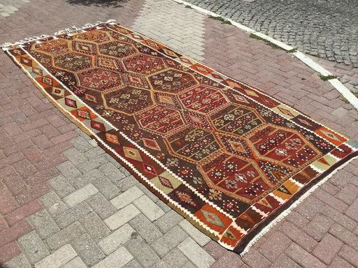 Vintage tyrkisk Kilim teppe 358cm x 163cm hånd spunnet ull