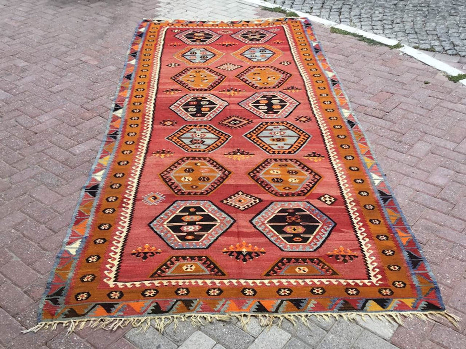 Vintage Turkse Kelim-tapijt 370cm x 162cm wol-katoen