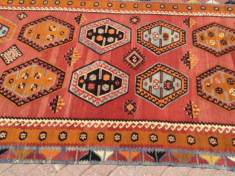 Vintage Turkse Kelim-tapijt 370cm x 162cm wol-katoen