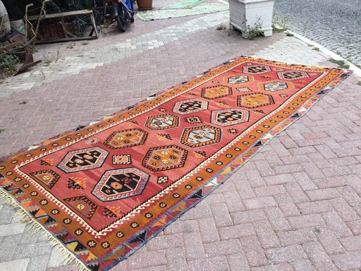 Vintage Turkse Kelim-tapijt 370cm x 162cm wol-katoen