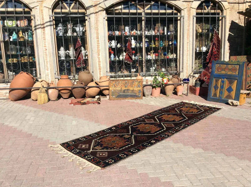 Vintage tyrkisk kilim teppe 372cm x 106 cm hånd knyttet