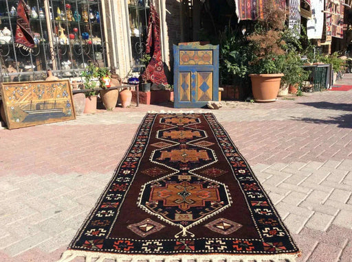 Vintage tyrkisk kilim teppe 372cm x 106 cm hånd knyttet