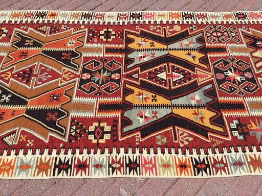 Vintage tyrkisk Kilim teppe 387cm x 128 cm hånd spunnet ull