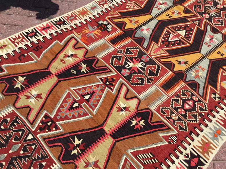 Vintage turkkilainen Kilim matto 387cm x 128cm käsin kehrätty villa