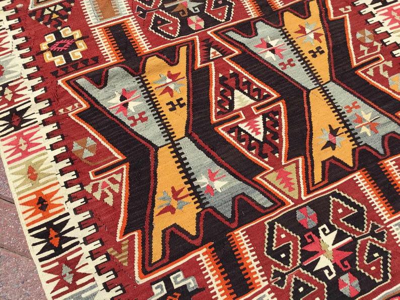 Vintage turkkilainen Kilim matto 387cm x 128cm käsin kehrätty villa