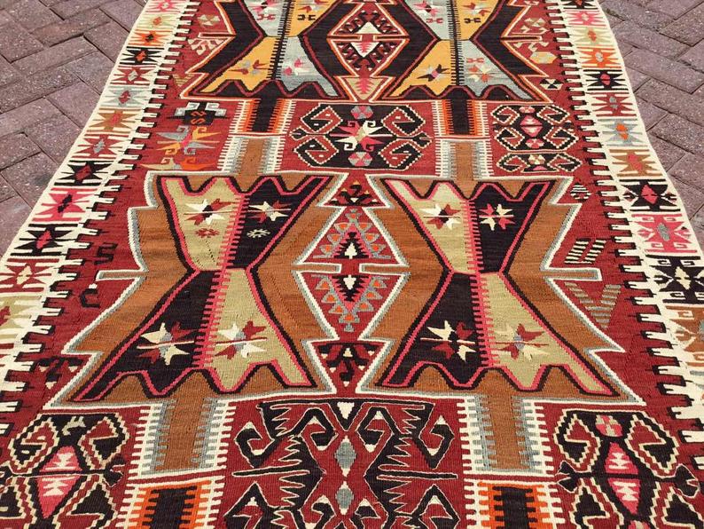 Vintage turkkilainen Kilim matto 387cm x 128cm käsin kehrätty villa