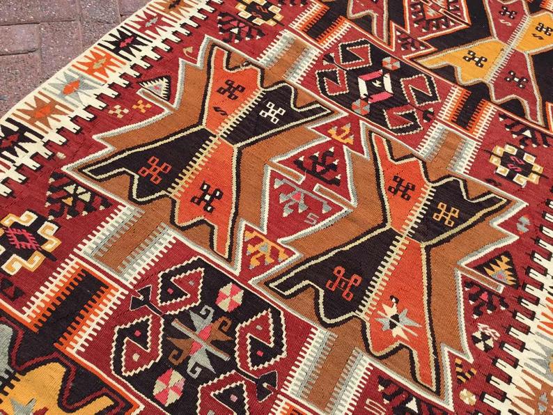 Vintage turkkilainen Kilim matto 387cm x 128cm käsin kehrätty villa