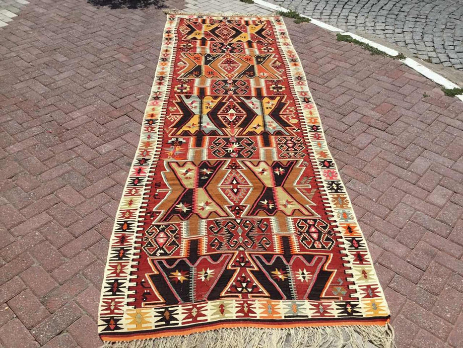 Vintage turkkilainen Kilim matto 387cm x 128cm käsin kehrätty villa