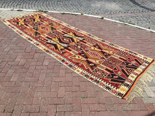 Vintage tyrkisk Kilim teppe 387cm x 128 cm hånd spunnet ull