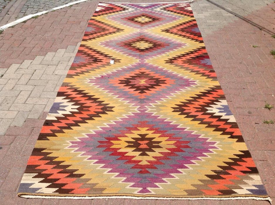 Vintage turkkilainen Kilim matto 391cm x 160cm käsin kehrätty villa