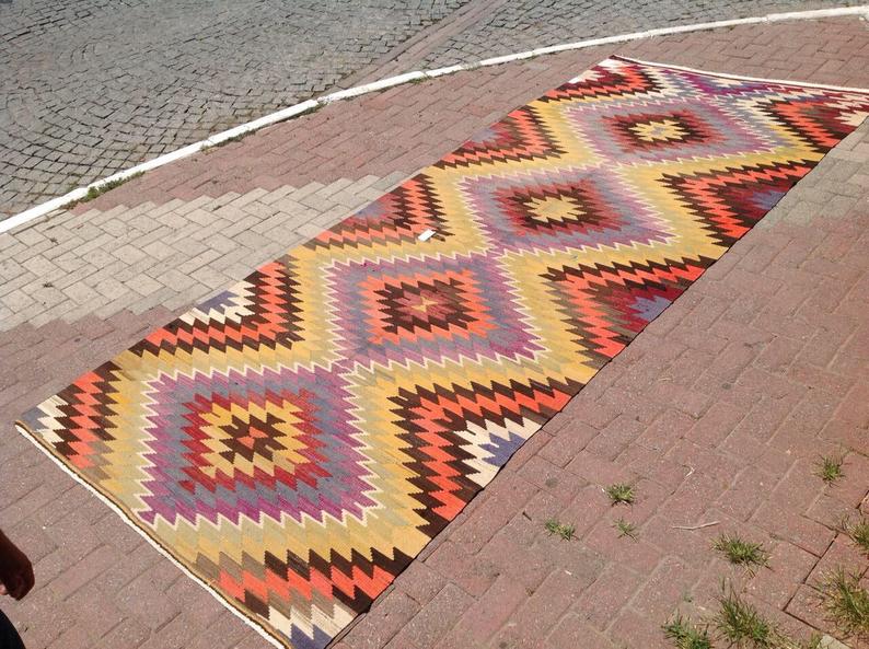 Vintage turkkilainen Kilim matto 391cm x 160cm käsin kehrätty villa