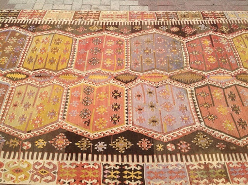 Vintage tyrkisk Kilim teppe 417cm x 180 cm hånd spunnet ull