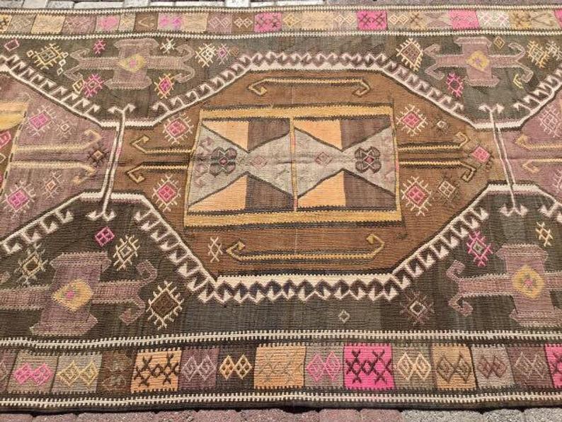 Vintage turkkilainen Kilim matto 445cm x 152cm käsin kehrätty villa