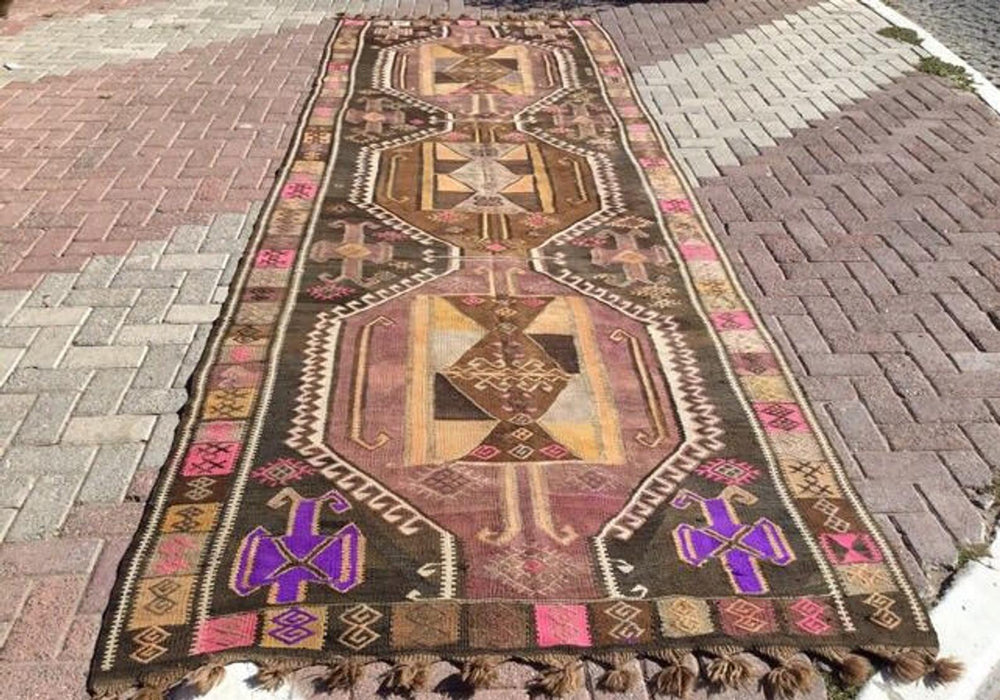 Vintage turkkilainen Kilim matto 445cm x 152cm käsin kehrätty villa