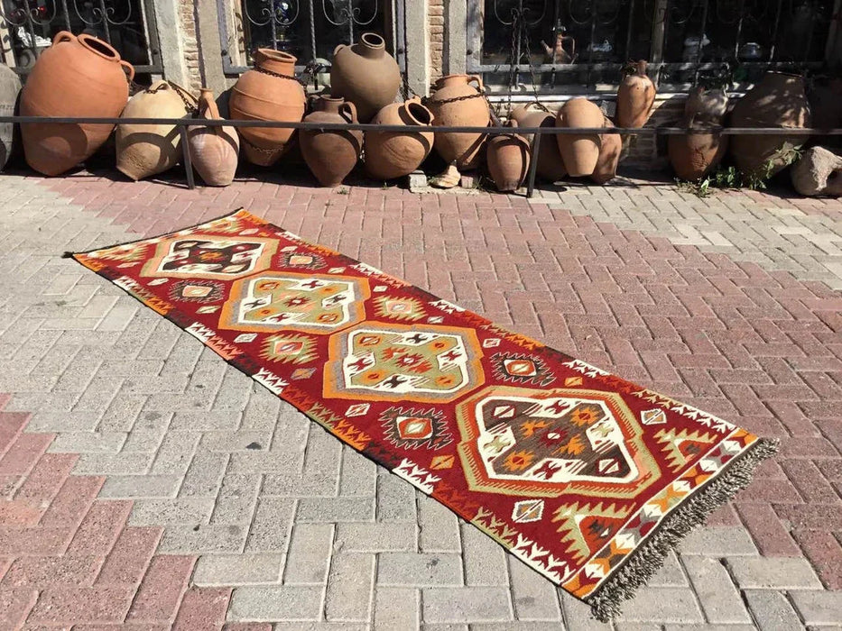 Vintage turkkilainen Kilim Runner 265cm x 90cm #264