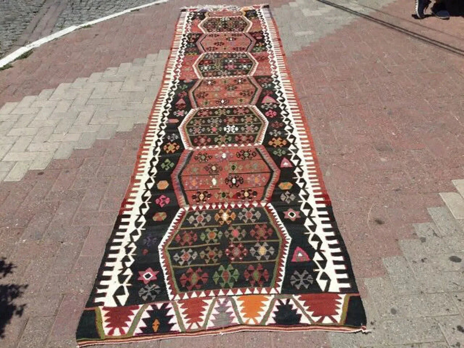 Vintage Turkse Kelim Runner 444cm x 106cm halkleed