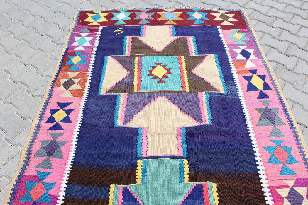 Vintage Turkish Kilim Runner Rug 144cm x 365cm Handcrafted