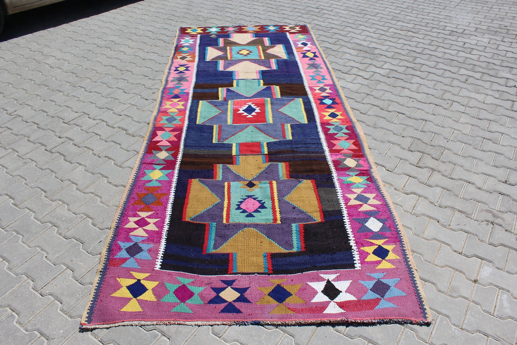 Vintage Turkish Kilim Runner Rug 144cm x 365cm Handcrafted